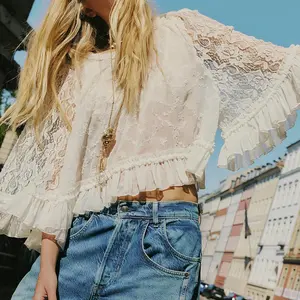 Ocean Style Women's Summer Trendy Lace T-Shirt Long Flared Sleeve Round Neck Sheer Party Tops