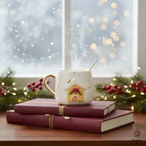 Handmade Holiday Mug Set (4-Piece, 10oz) – Festive Lights, Heart, Cat on Moon & Gingerbread House Mugs with Gold Accents