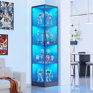 【Limited time deal】BM-CBX Corner Display Cabinet with Doors, 4-Tier Curio Cabinet for Collectibles, Display Case with 3 Color Light, Storage Cabinets with Door, Bookcase with Human Body Sensor, Black (15.7" W)