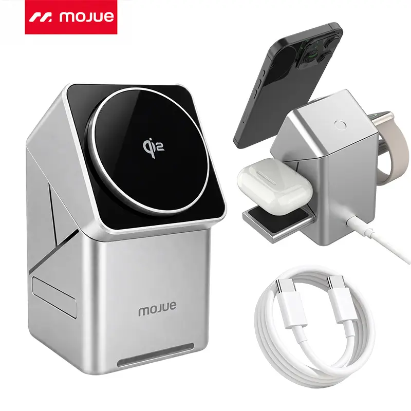 MOJUE 3 in 1 Wireless Charging Station for Apple & Samsung Phone, Wireless Charger Qi 2 Certified 15W Fast Magnetic Charger Stand with Charger Cable for Magsafe iPhone 17/16/15/14/13/12 Pro Max Series, Apple Watch, AirPods