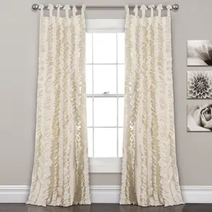 Lush Decor Sophia Ruffle Window Curtain Panel Set - 40"W x 63/84/95"L, 100% Polyester, Tie-Top, Ivory/White, OEKO-TEX Certified, Dry Clean Recommended