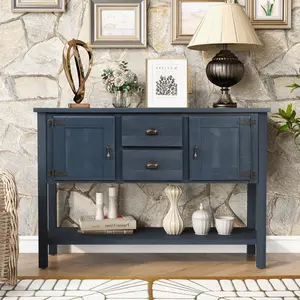 ARCH 46'' Solid Wood Sideboard Console Table with 2 Drawers and Cabinets and Bottom Shelf, Retro Style Storage Dining Buffet Server Cabinet for Living Room Kitchen Dining Room(Navy Blue)(W1202P356655