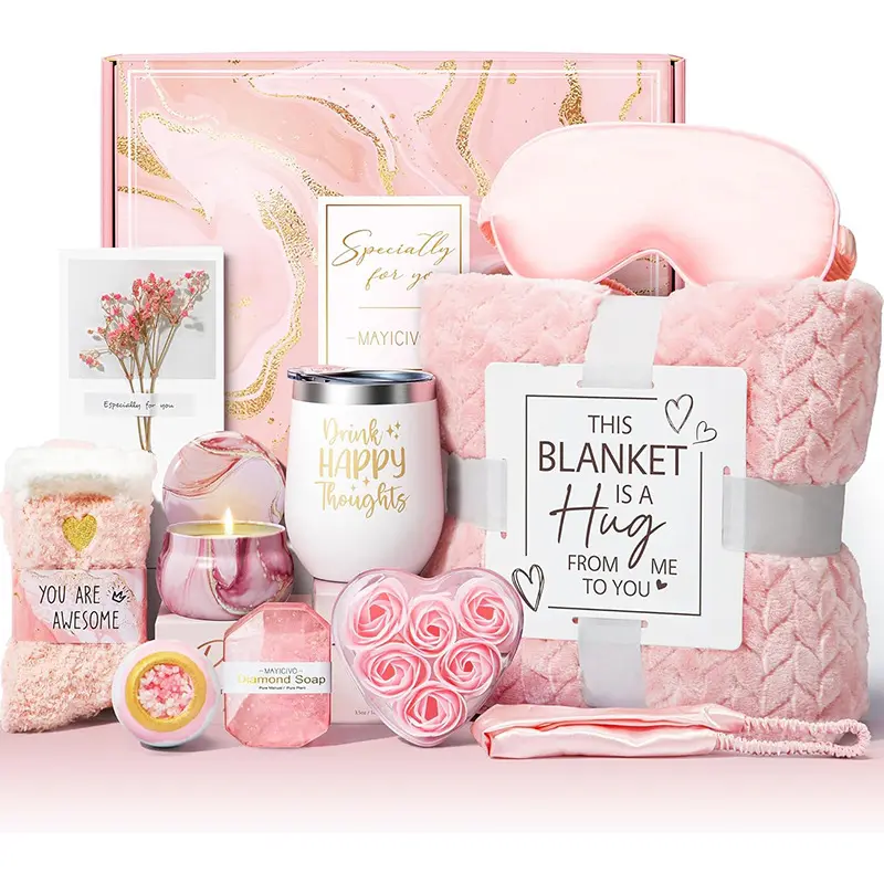 Birthday Gifts For Women, Self Care Gifts, Get Well Soon Gifts, Relaxing Spa Gifts, Care Package, Unique Anniversary Gift Basket With Flannel Blanket For Mother, Wife, Best Friend, Sister, Her