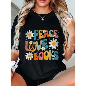 100% Cotton Peace Love Books Bookworm Librarian Reading Teacher Groovy T-Shirt