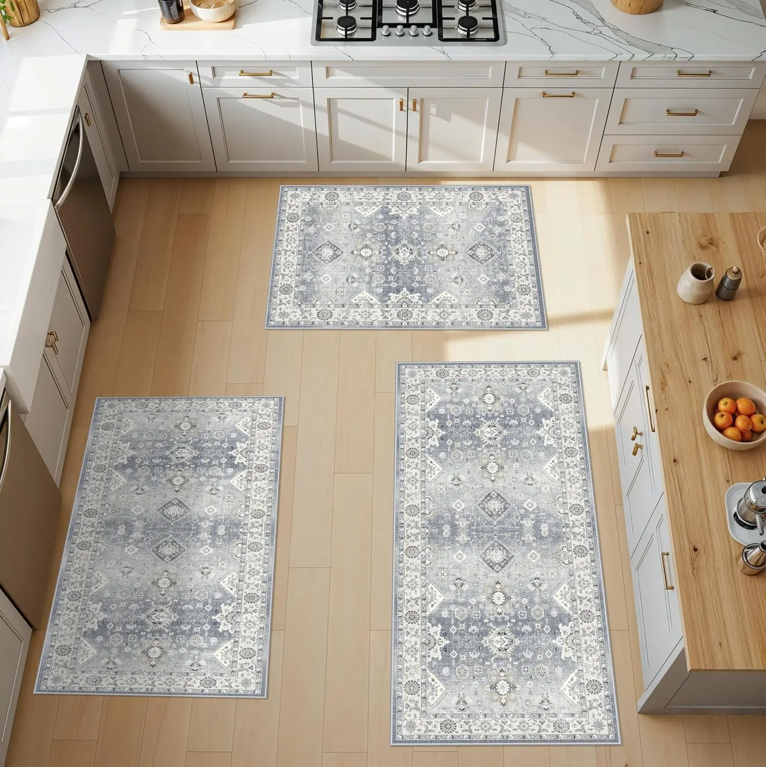 1/2/3PCS  Kitchen Floor Rug, Washable Farmhouse Non-Slip Kitchen Sink Floor Mats Easy Clean Water-Resistant Runners for Hallway Bathroom Soft Decorative Carpet for Pet Feeding Area(2x3+2x4+2x5+2x6,Grey)