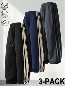 3-pack men’s ice silk striped wide-leg pants—breathable, quick-drying, drawstring waist casual pants suitable for summer sports and everyday wear. Men’s ice silk casual pants with breathable, quick-drying fabric, side stripe design, loose tapered legs. Ve