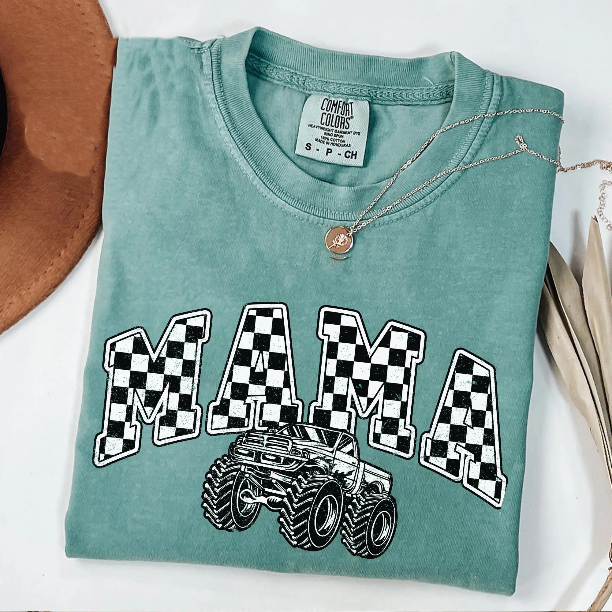 Comfort Colors Monster Truck Mama Shirt, Oversized Checkered Mom T-Shirt, Trendy Truck Lover Tee, Monster Truck Birthday Gift for Her