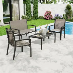 4-Piece Outdoor Patio Bistro Set – Metal Loveseat, 2 Chairs & Coffee Table with Breathable Textilene Seats – Durable Backyard, Porch, Balcony & Garden Furniture – Black