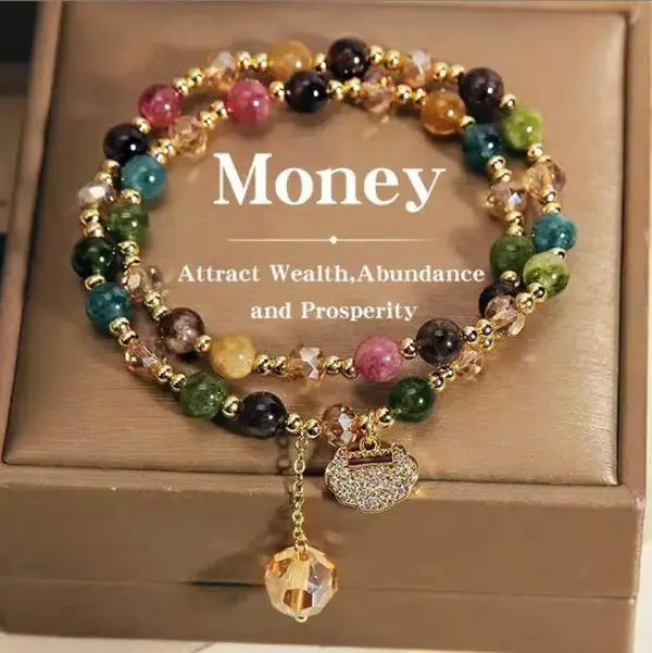 Women's Double-Strand Bohemian Bracelet - Vintage Fashion Jewelry with Natural Gemstones (Rainbow Tourmaline, Crystal Mix), Diamond Lock Charm, Fashionable Stacking Bracelet for Daily Wear, Exquisite Trendy Bracelet