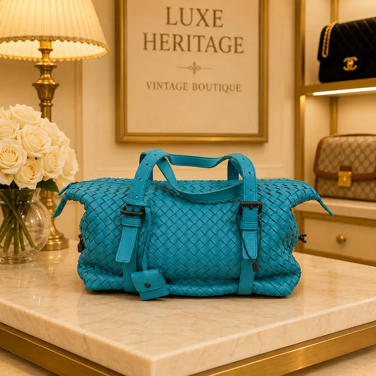 Pre-owned BOTTEGA VENETA - Tote Bags Intrecciato Woven Leather Weekender Duffle Bag Turquoise Blue Black Hardware LA23147017