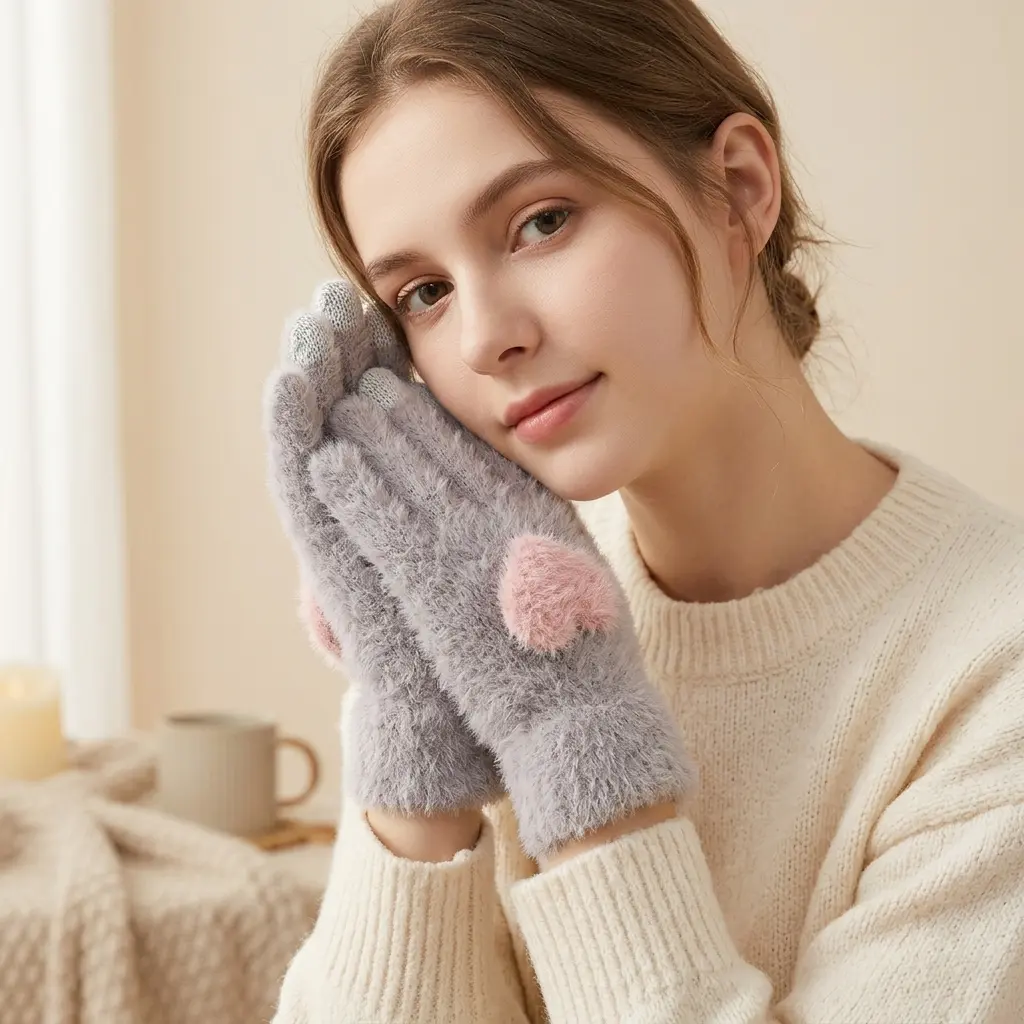Women's Cute Fuzzy Heart Touchscreen Gloves, Soft Plush Winter Knit Gloves, Cozy Warm Thermal Driving Gloves Gift for Her