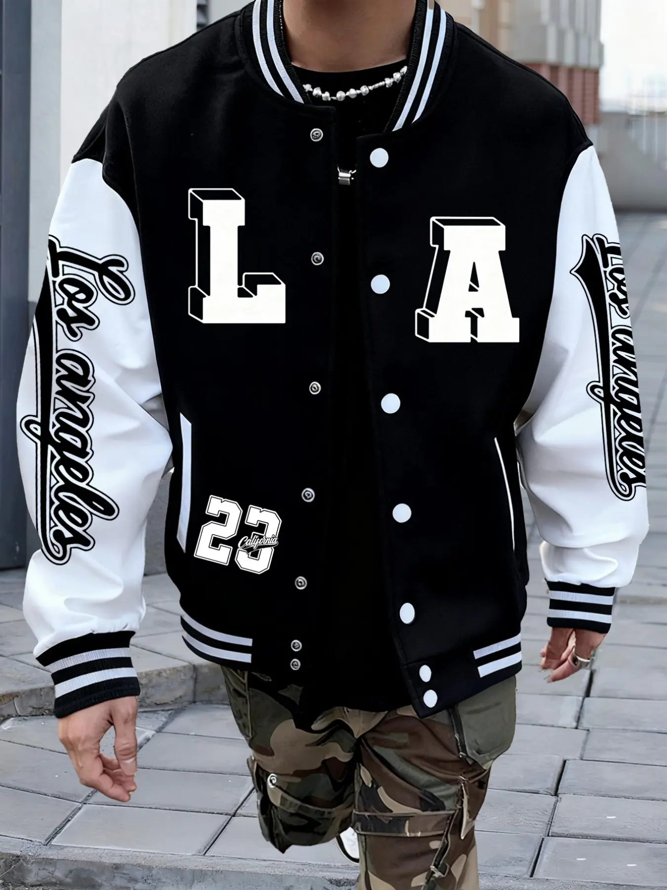 Men's La Multi-Pattern Letter Los Angeles Casual Street Baseball Jacket Coats, Fitted Outerwear for All Seasons, Geometric Design
