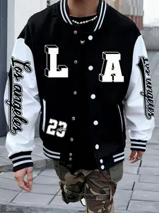 Men's La Multi-Pattern Letter Los Angeles Casual Street Baseball Jacket, Fitted Outerwear for All Seasons, Geometric Design