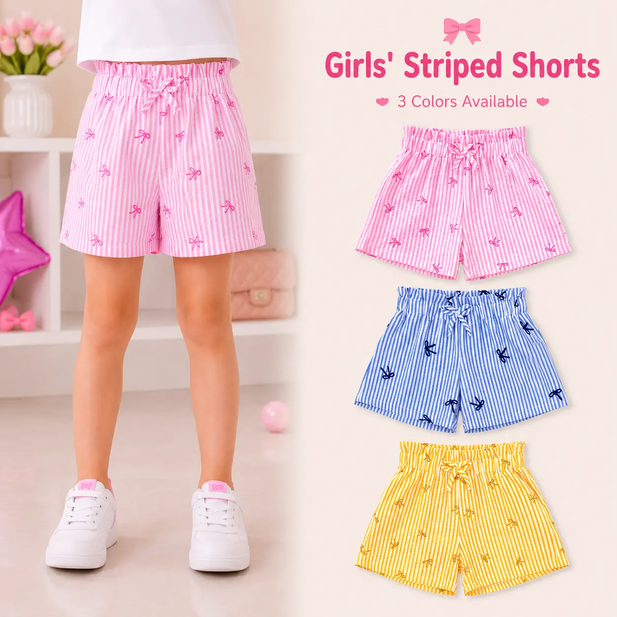 Girls 3-Pack Casual Striped Bottoms, Bow Embroidered Shorts and Wide Leg Pants, Beach Vacation Wear, Indoor and Outdoor Lounge Outfit