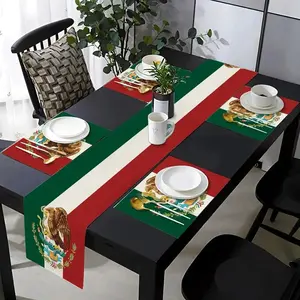 5-piece/7-piece set of table flags and placemats are washable and designed with Mexican flag eagle red, white, and green patterns, suitable for indoor and outdoor party decoration, kitchen, dining table, living room, indoor and outdoor home use