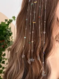 Bohemian Butterfly Pendant Natural Stone Fringe Hair Chain, Women's Fashion Hair Accessory, Star Moon Theme Colorful Crystal Hair Jewelry