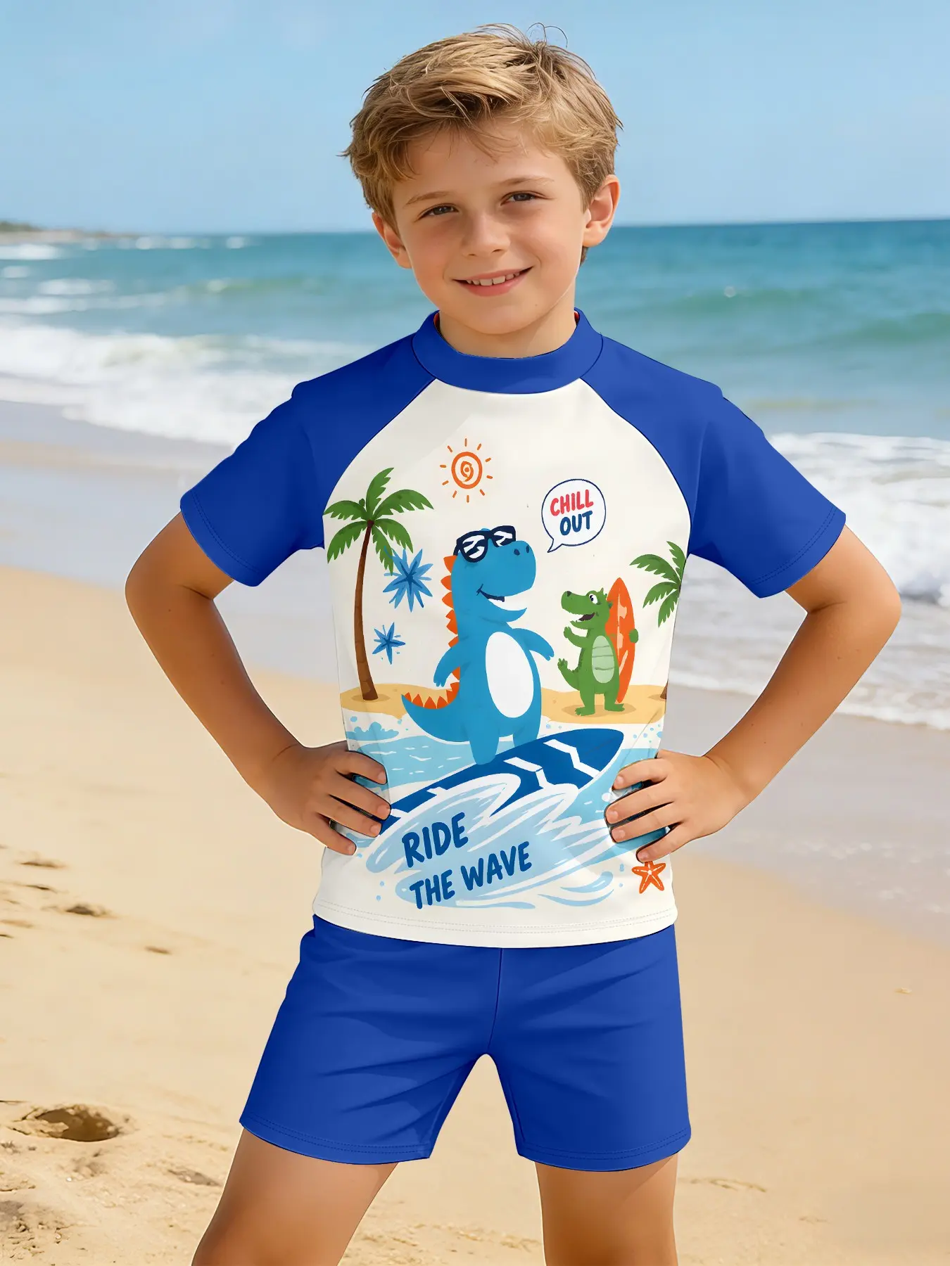 Boys' 3D Dinosaur Summer Swimsuit with Shorts Swimwear Set, Blue & Colorblock Quick-Dry Fabric, Beach Vacation Gift, Birthday Present, Holiday Choice!