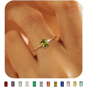 Gold Birthstone Rings for Women Non Tarnish Dainty 14K Gold Plated Stackable Rings CZ Emerald Baguette Gemstone Rings for Mother Daughter Birthday Handmade Jewelry Gifts Size 6 7 8 9 10