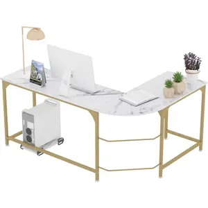 Reversible L Shaped Desk White - 66.1" Corner Gaming Computer Desk, Office Workstation Modern Home Study Writing Table, Marble