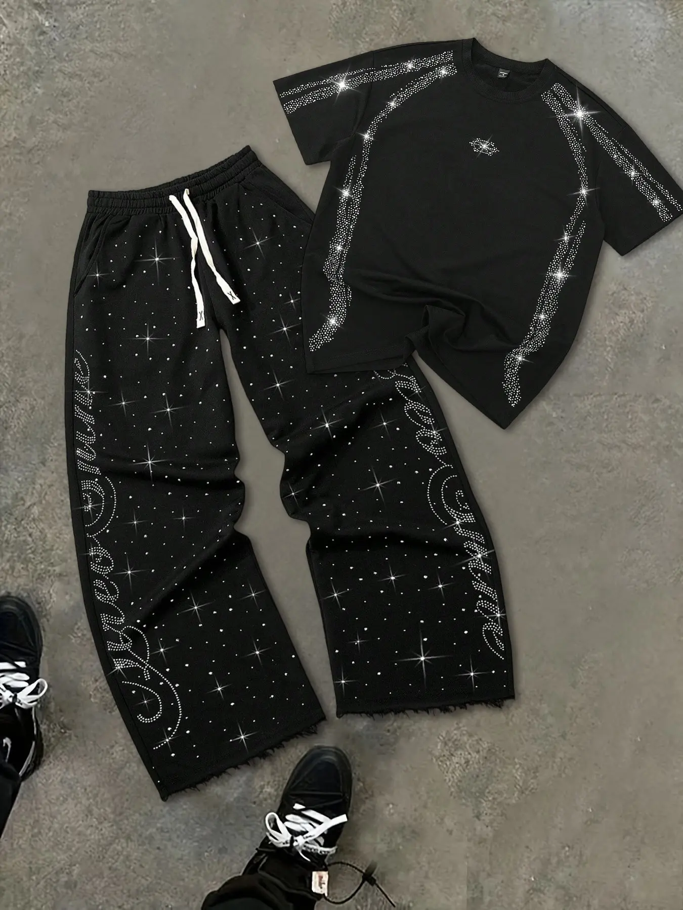 Studded Star Letter Short Sleeve + Loose Baggy Wide Leg Pants Set, American Luxury Street Style Casual, Two-Piece Fashion Ensemble, Outfit