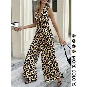 Women's Leopard Print Jumpsuit, Casual Sleeveless Wide Leg Jumpsuit for Daily Wear, Ladies Clothes for All Seasons