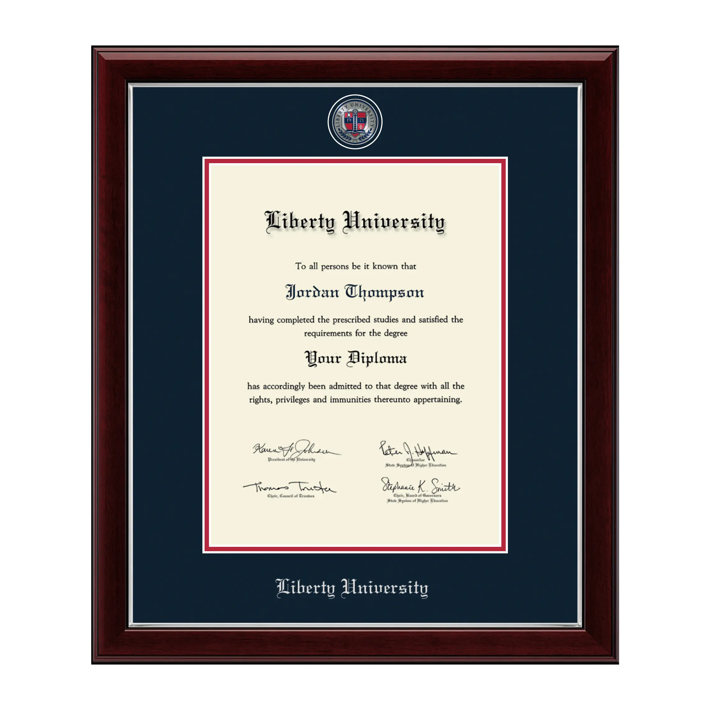 Liberty University Masters/PhD Masterpiece Medallion Diploma Frame in Gallery Silver with Navy Red Matting & Silver Embossing Item 312512