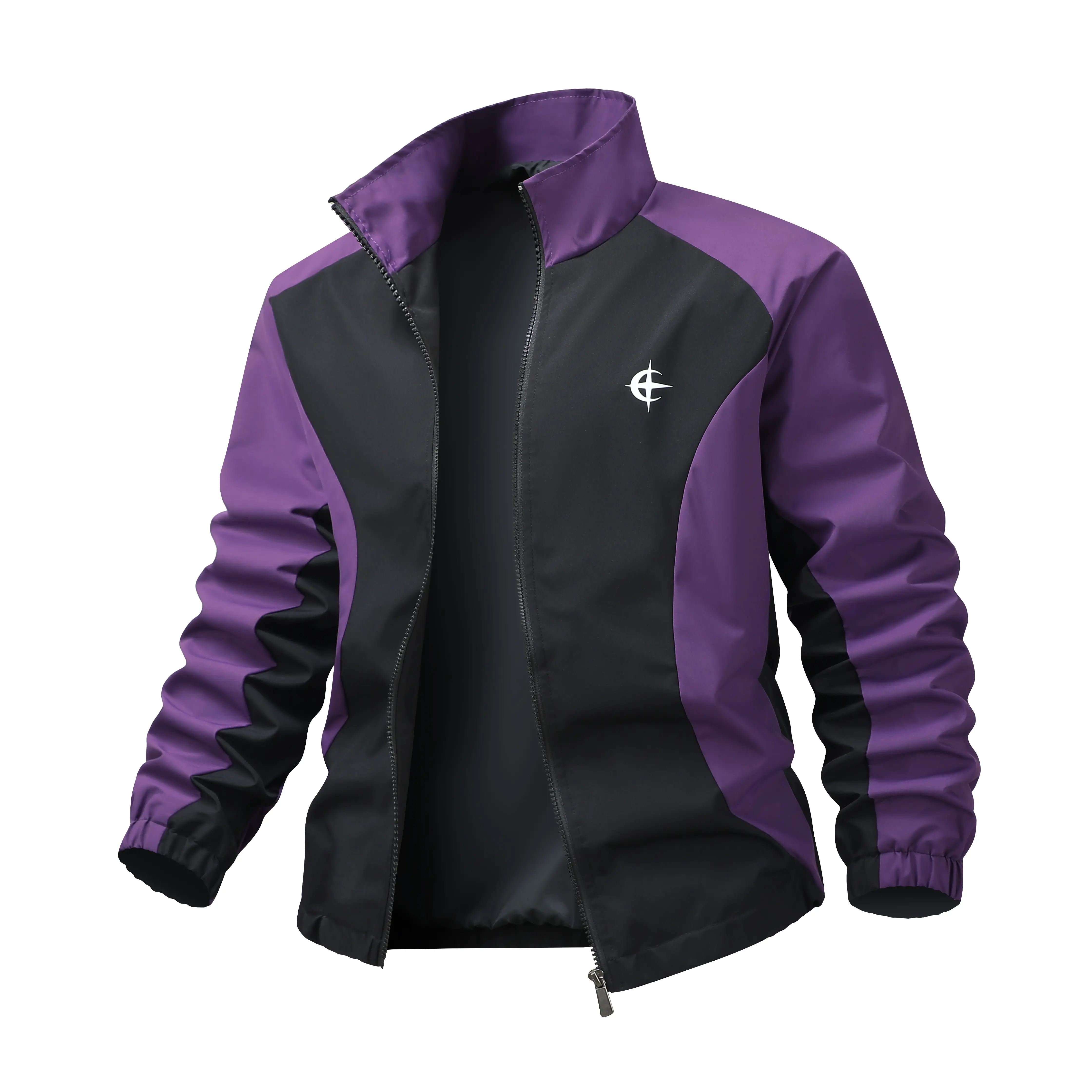 Men’s retro two-tone purple and black spliced stand-collar jacket with front zipper, loose fit, breathable fabric—ideal for everyday running and streetwear.