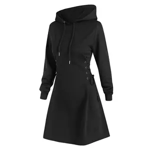 THICK THIGH TRIBE Lace-Up Hoodie Dress – Fleece-lined, soft & cozy with a flattering fit. Long sleeve casual wear for comfy everyday style. Womenswear