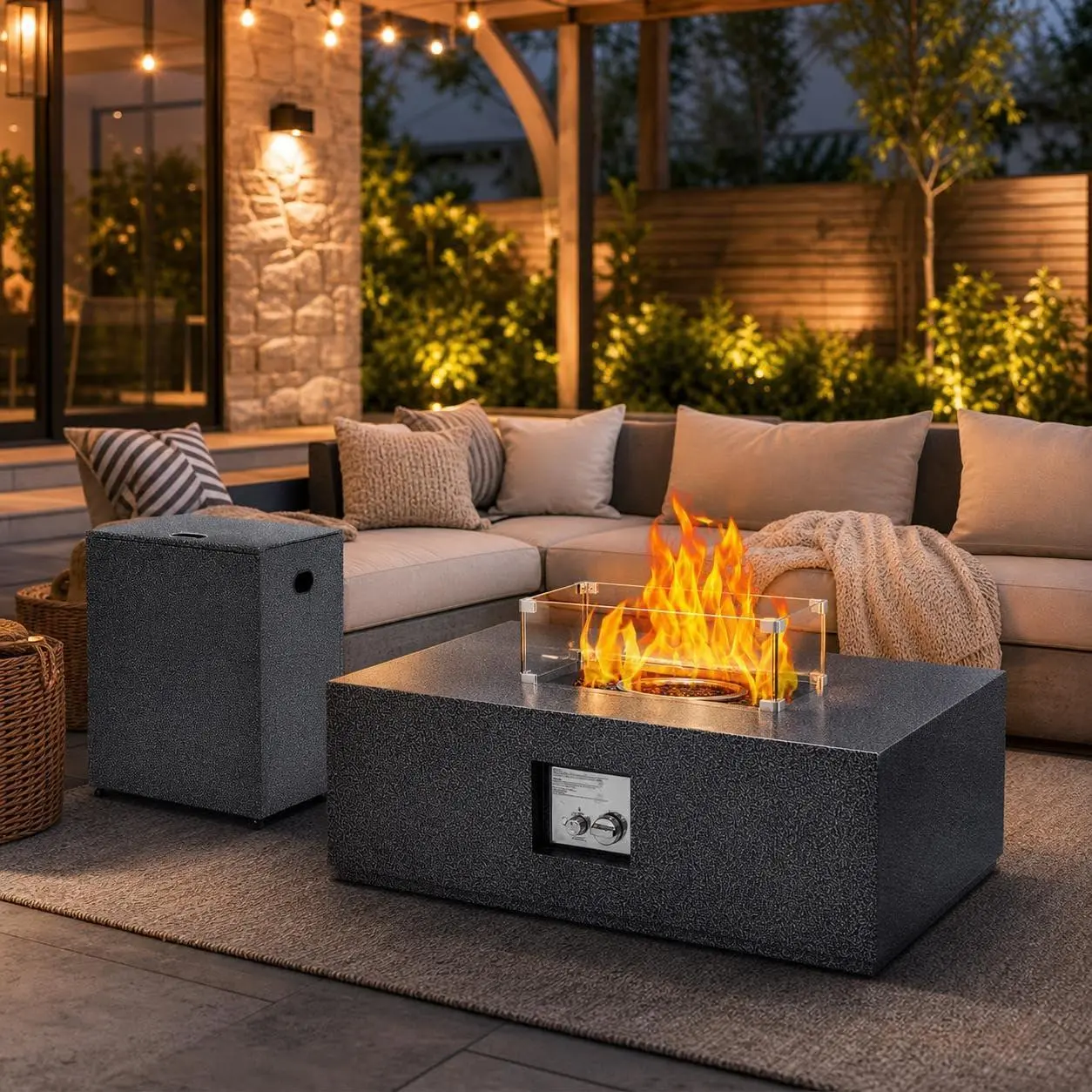 36" Outdoor Propane Fire Pit Table with Wind Guard, Glass Beads & 16" Tank Cover Side Table, 50,000 BTU Propane Fire Pit with Removable Lid, Square Patio Fire Pit Table for Patio, Deck, Garden, Black