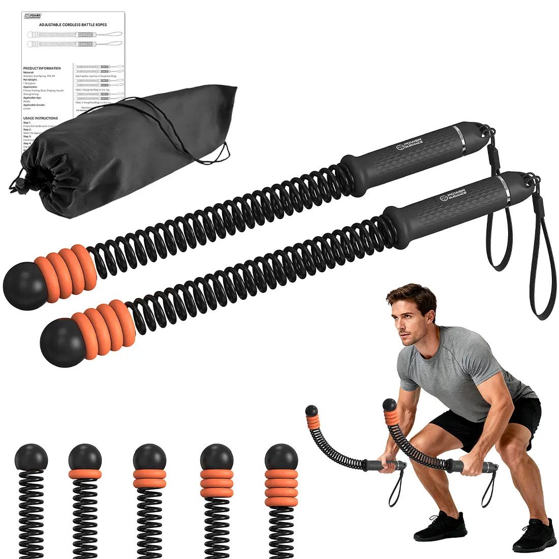 POWER GUIDANCE Ropeless Battle Ropes, Weighted Precision Steel Design with 4-Level Adjustable Resistance for Women & Men, Portable & Lightweight for Home Gym HIIT Workouts, Non-Slip Ergonomic Handles, Portable And Lightweight, Includes Exercise Guide And