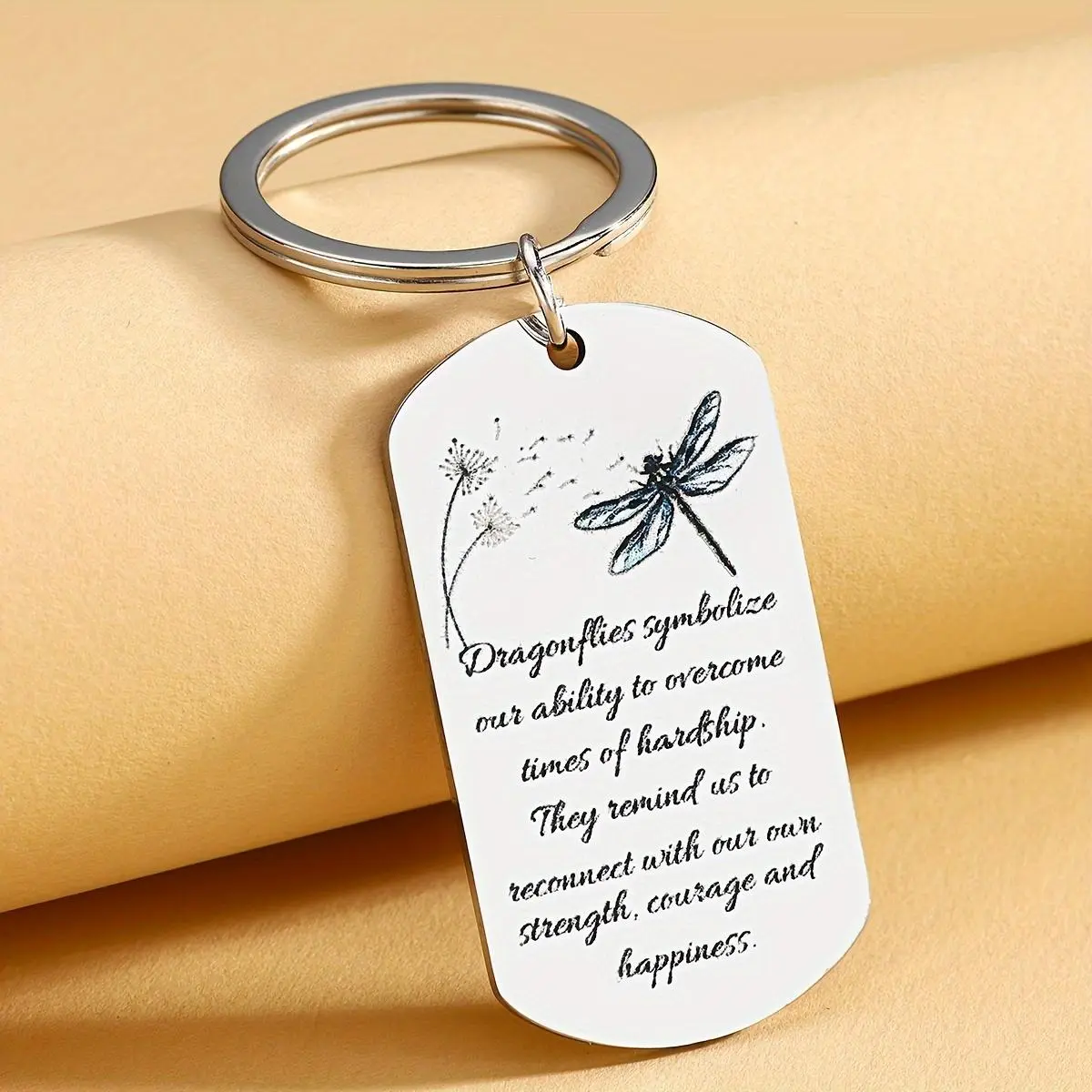 Dragonfly Pattern Keychain, Stainless Steel Rectangular Tag with Encouraging Quote, Happiness, Strength & Dandelion Design, Perfect Birthday Or Christmas Gift for Friends, Girls