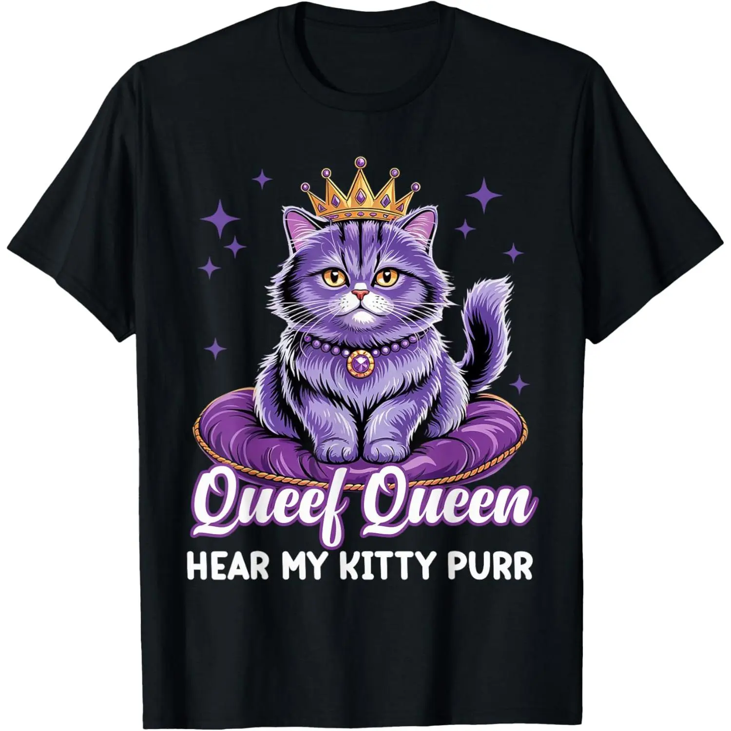 Women's Breathable Fabric Round Neck Graphic T-Shirt - Funny Queef Queen Cat Print, Adult Humor 1-Piece Casual Style