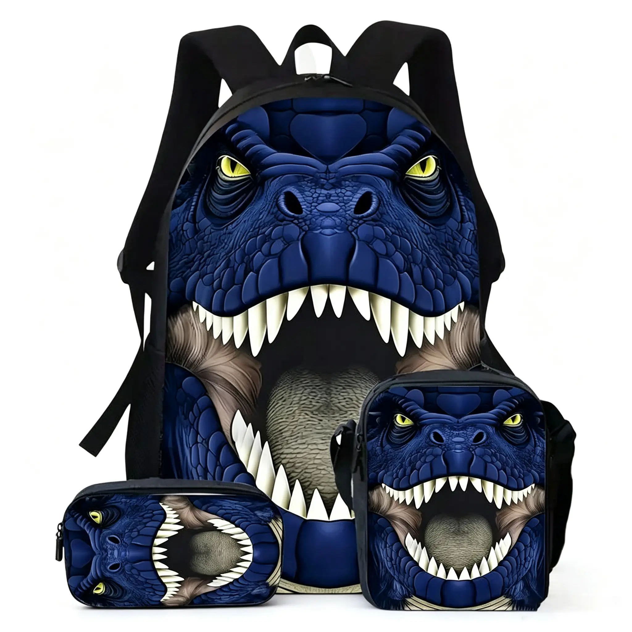 Kids' Blue T-Rex Print 3PCS School Backpack Set - Durable 600D Oxford Cloth Gym Bag Combo with Lunch Box, Pencil Case, Adjustable, 15in Laptop Compatible, Breathable Straps for School, Outdoor Use
