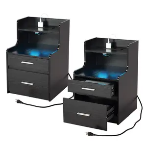 2x Black LED Nightstand With Charging Station Lighted Bedside Table Cabinet with 2 Drawer End Table for Bedroom
