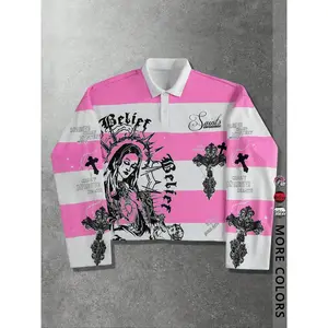 Unisex Y2K Style Virgin Mary & Saints Cross Print Striped Hoodie, Casual Streetwear, Couple, Trendy Pullover, Men's Gift