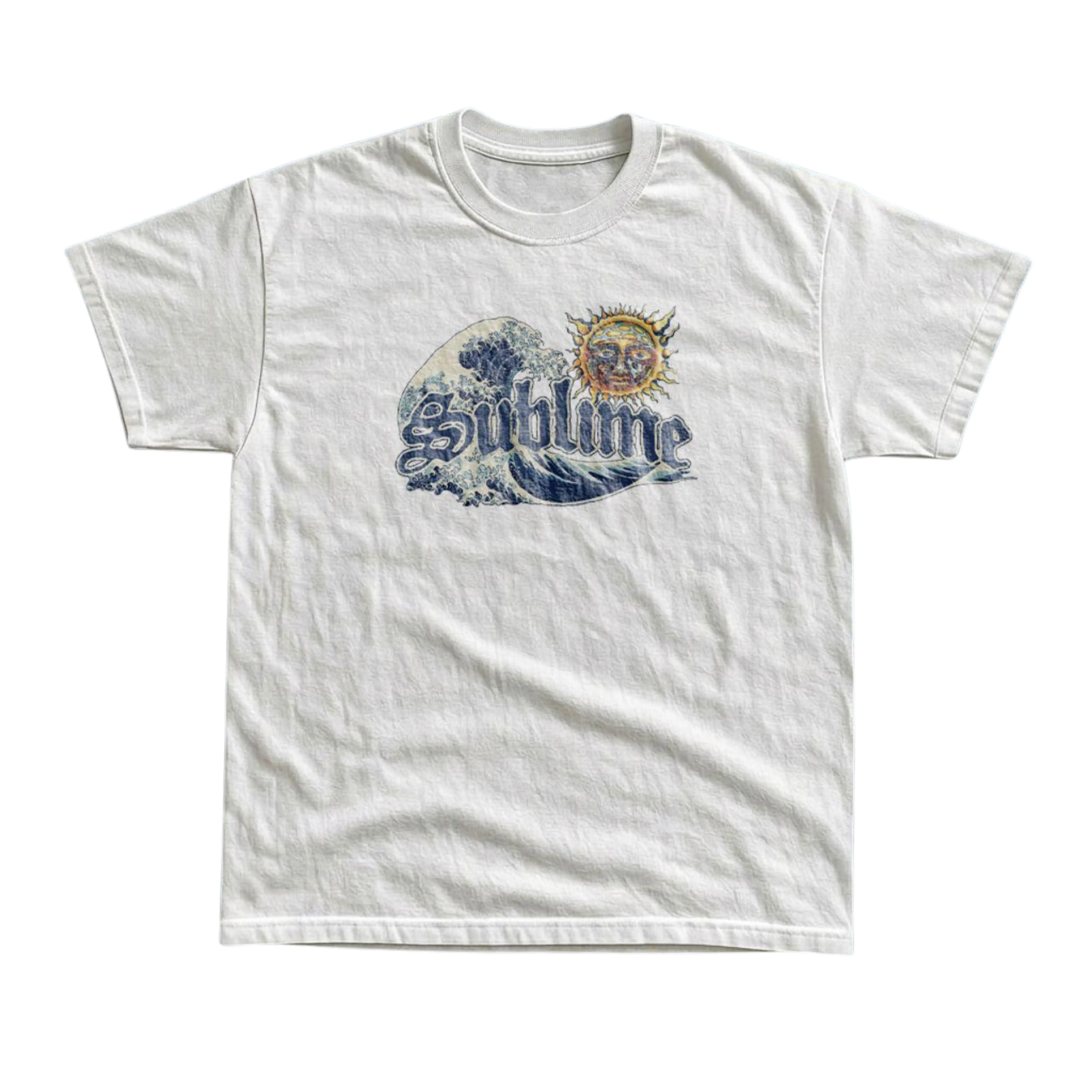 Gildan Men's and Women's T-shirt, Vintage Style Sublime Wave and Sun Reggae Rock Band Graphic Tee, Great Wave Kanagawa Art, Iconic Sun Face, Gothic Old English Typography, Ska Punk Music Merch, California Surf Skate Culture, 90s Retro Concert, Unisex Top.