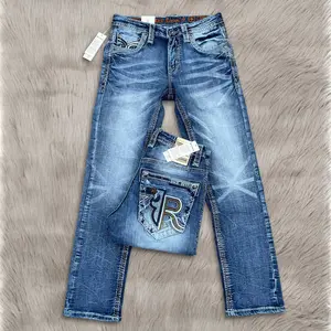 Men’s Straight Leg Blue Jeans – Embroidered Designer Denim with “R” Back Pocket – Western & Streetwear Y2K Style – Premium Distressed Wash Pants