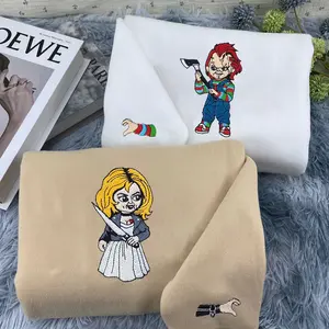 Chucky and Tiffany Halloween Couple Embroidered Sweatshirt, Horror Halloween Couple Sweatshirt, Chucky and Tiffany Embroidered Custom Initial Letters Sweatshirt, Halloween Embroidered Sweatshirt, Halloween Gifts