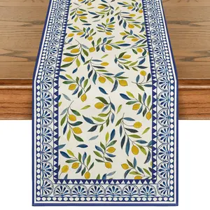 Lemon Print Leaves Table Runner, Mediterranean Blue Border Linen Table Runner, Summer Farmhouse Table Decor, Washable Fabric Table Runner for Kitchen, Dining, Party & Holiday Decoration