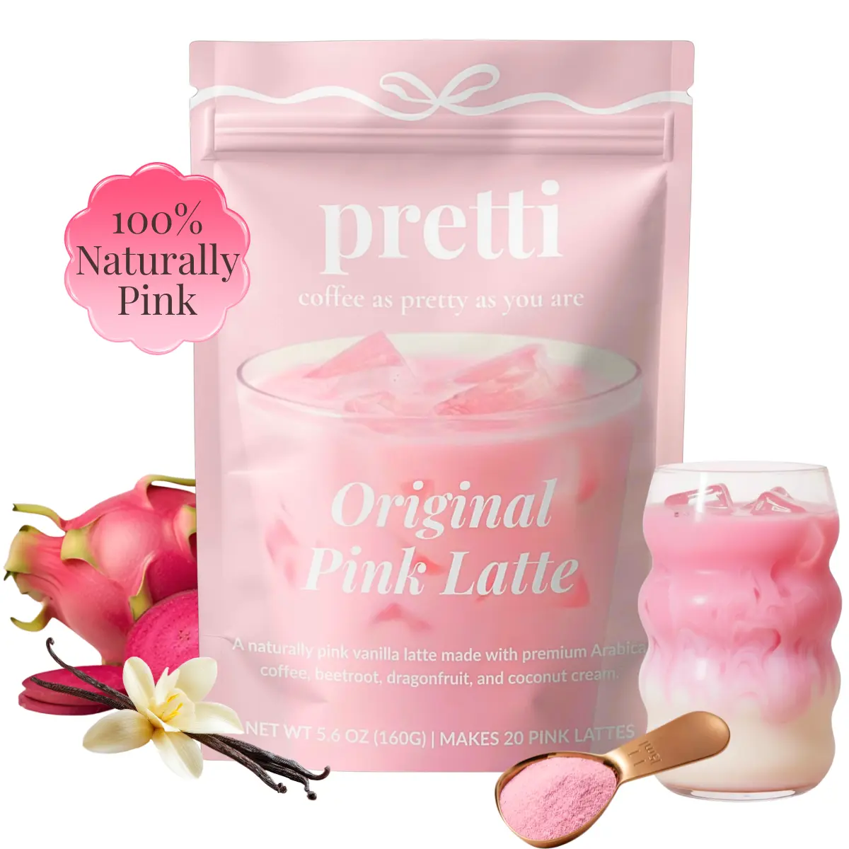 Pretti Naturally Pink Latte Mix, Vanilla Instant Coffee, Beetroot & Dragonfruit, 0 Artificial Dyes, 50mg Caffeine, 20 Servings