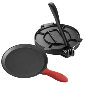 10-Inch Cast Iron Tortilla Press with Reinforced Handle - 10.5-Inch Non-Stick Frying Pan, Manual Roti Flatbread Maker for Home Dough Making