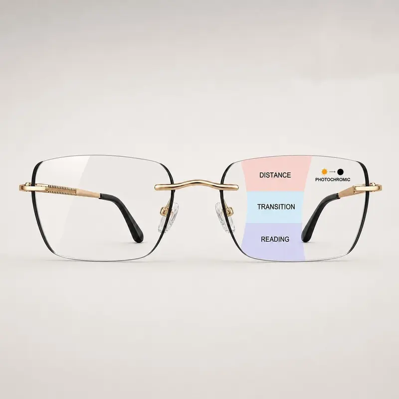 Progressive Photochromic Reading Glasses - Men’s & Women’s Multifocal Light-Adaptive Rimless Eyeglasses for Near & Far Vision, Lightweight Non-Prescription Frames