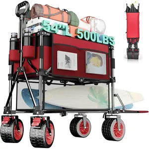 Double Decker Folding Wagon Cart - 500lbs Heavy Duty Collapsible Utility Wagon with All Terrain Big Wheels & Drop Down Tailgate,400L Large Capacity Wagon for Camping,Garden,Sports