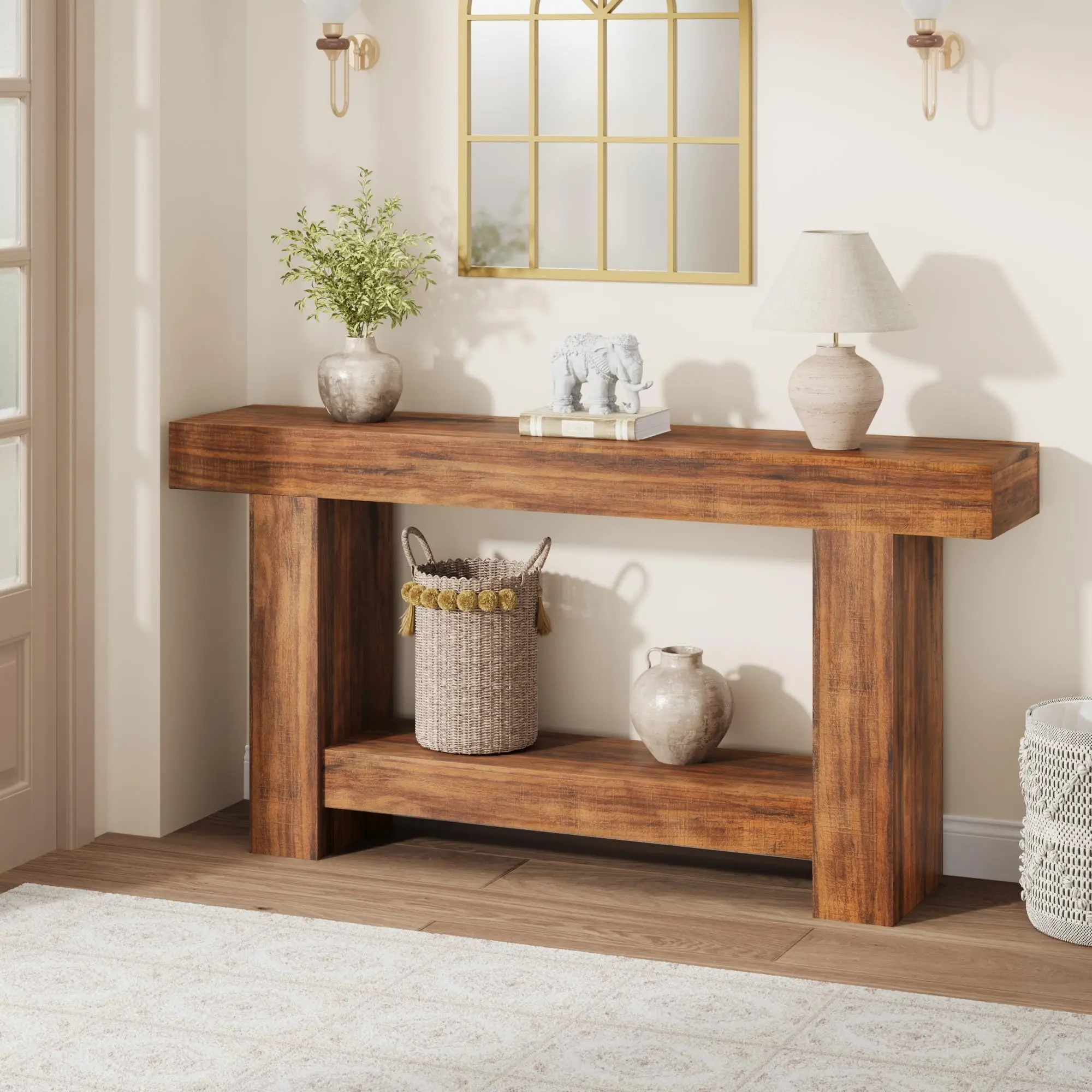 63 Inches Farmhouse Console Table, 2-Tier Entryway Table with h-Shaped Base, Narrow Entry Table Long Sofa Table Wood Hallway Accent Table for Entrance, Hallway, Living Room (Brown)