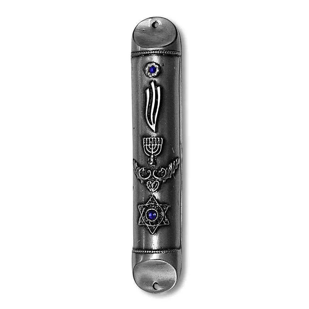 Silver-Tone Metal Mezuzah Case, 6.25-Inch Religious Judaica with Star of David and Menorah Motif, Blue CZ Accents, Made in Israel, Decor, Gift, Room Decor, Judaism, Star Motif, 1" W X 6.25" H, Jewish, 6.25 In