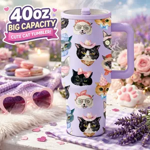 1pc 40oz Stainless Steel Cute Cat Face Tumbler With Handle And Lid, Drinkware, Large Capacity Insulated Travel Mug, Double Wall Vacuum Coffee Cup Keeps Drinks Cold 12H Hot 6H, Kawaii Animal Gift For Women Girls Cat Lovers For Car Office Picnic Use