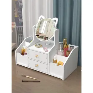 1pc High-End Luxurious White Wooden Makeup Organizer With Large Capacity, Multiple Functions, Drawers, Dustproof Cover, And Mirror Boxes