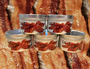 This is a custom scented candle that smells like Bacon. This candle is made with 100 % soy wax. The candle is 100% handmade, hand poured and made in the USA.