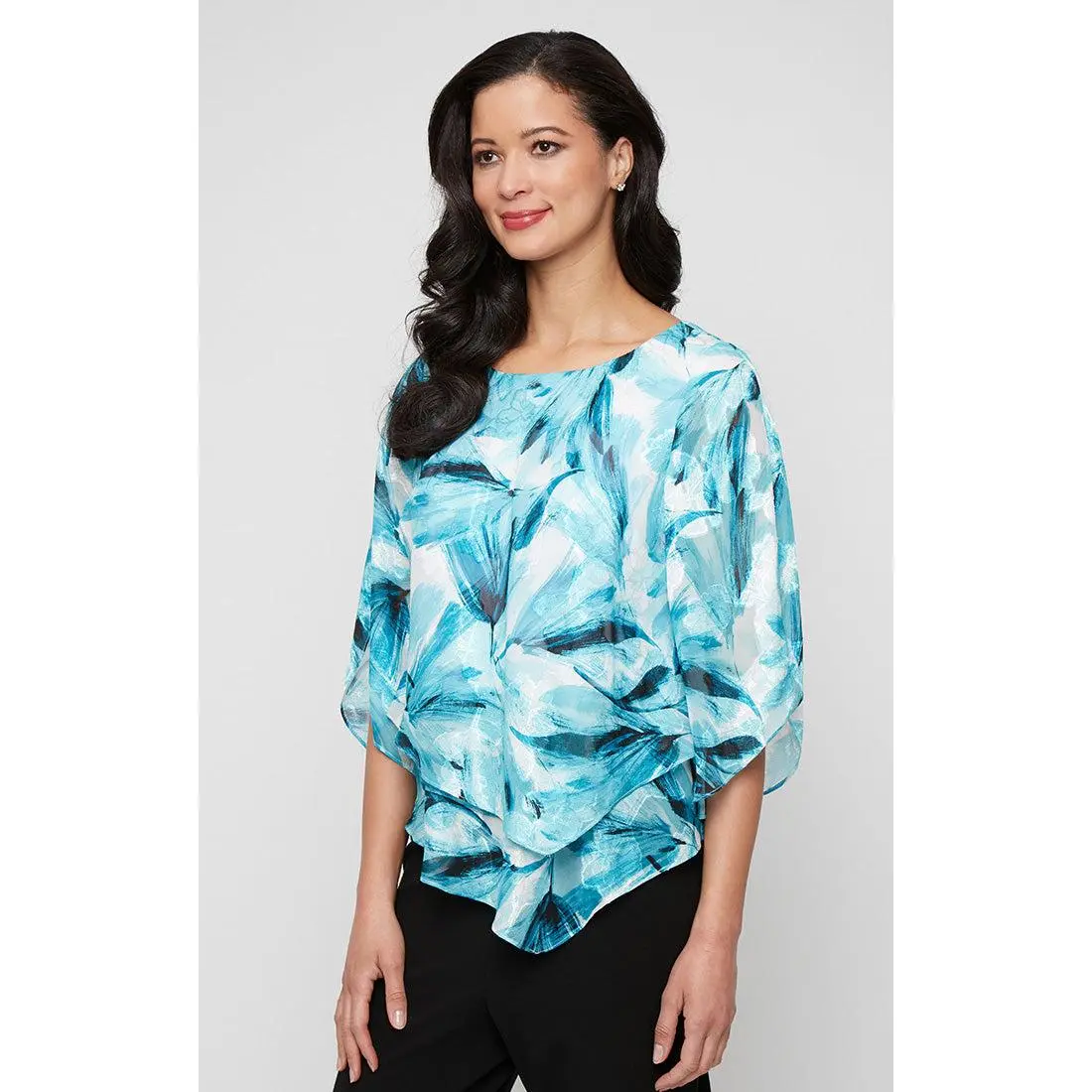 Petite Printed Chiffon Blouse with Asymmetric Double Tier Pointed Hem
