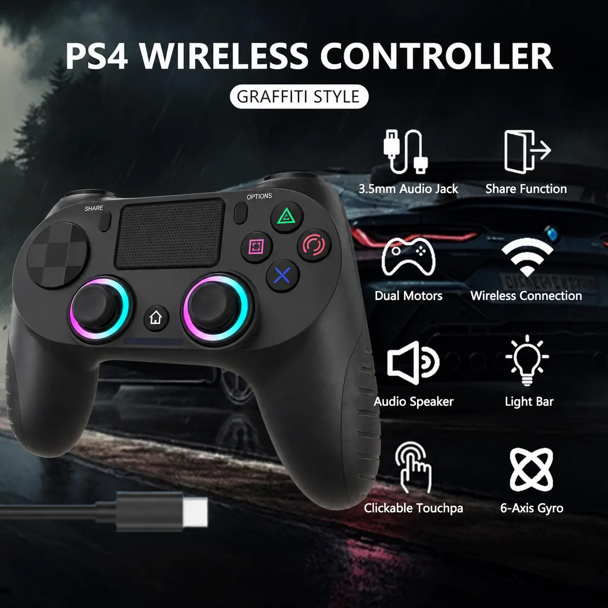 Wireless RGB Gaming Controller for PS4, Windows PC & Steam, Bluetooth 5.0, Hall Effect Anti-Drift Joysticks, Linear Triggers, 7-Color RGB Lighting, 600mAh Rechargeable Battery, 3.5mm Headphone Jack (Not Compatible with PS5)